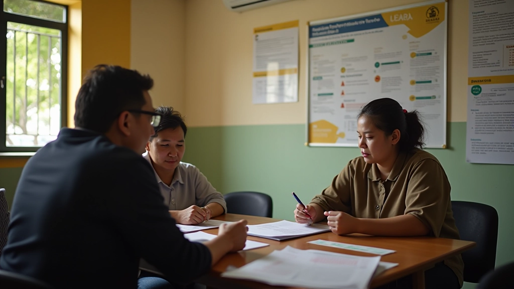 Malaysian family receiving assistance documents at community welfare center, representatives explaining program benefits